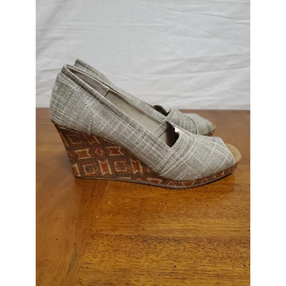 Toms Emma Cork Wedge Heel Open Toe Shoes Gray Top Beige Orange Red Size 8.5 W - Picture 5 of 7